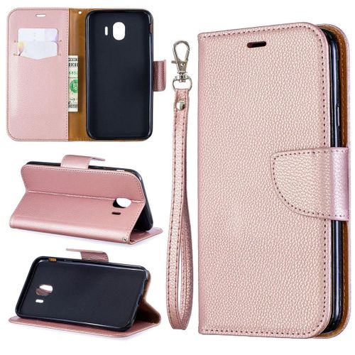 Samsung Galaxy J4 2018 Coque, Saturcase Litchi Pu Cuir Magnétique Flip Portefeuille Support Porte-Carte Protecteur Coque Housse Étui Avec Dragonne Pour Samsung Galaxy J4 2018 (Or)