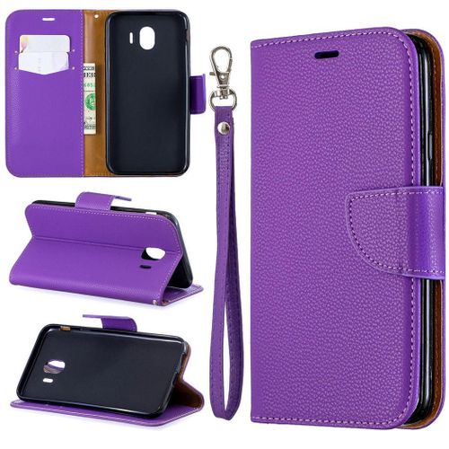 Samsung Galaxy J4 2018 Coque, Saturcase Litchi Pu Cuir Magnétique Flip Portefeuille Support Porte-Carte Protecteur Coque Housse Étui Avec Dragonne Pour Samsung Galaxy J4 2018 (Violet)