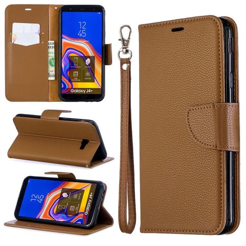 Samsung Galaxy J4 Plus Coque, Saturcase Litchi Pu Cuir Magnétique Flip Portefeuille Support Porte-Carte Protecteur Coque Housse Étui Avec Dragonne Pour Samsung Galaxy J4 Plus 2018 (Marron)