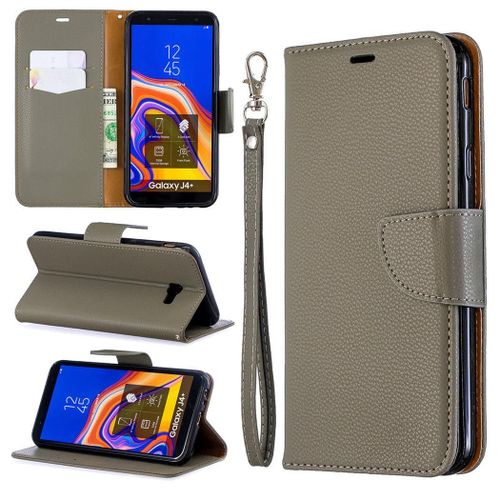 Samsung Galaxy J4 Plus Coque, Saturcase Litchi Pu Cuir Magnétique Flip Portefeuille Support Porte-Carte Protecteur Coque Housse Étui Avec Dragonne Pour Samsung Galaxy J4 Plus 2018 (Gris)