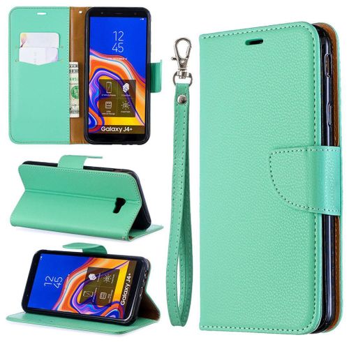 Samsung Galaxy J4 Plus Coque, Saturcase Litchi Pu Cuir Magnétique Flip Portefeuille Support Porte-Carte Protecteur Coque Housse Étui Avec Dragonne Pour Samsung Galaxy J4 Plus 2018 (Vert)