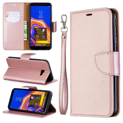 Samsung Galaxy J4 Plus Coque, Saturcase Litchi Pu Cuir Magnétique Flip Portefeuille Support Porte-Carte Protecteur Coque Housse Étui Avec Dragonne Pour Samsung Galaxy J4 Plus 2018 (Or)