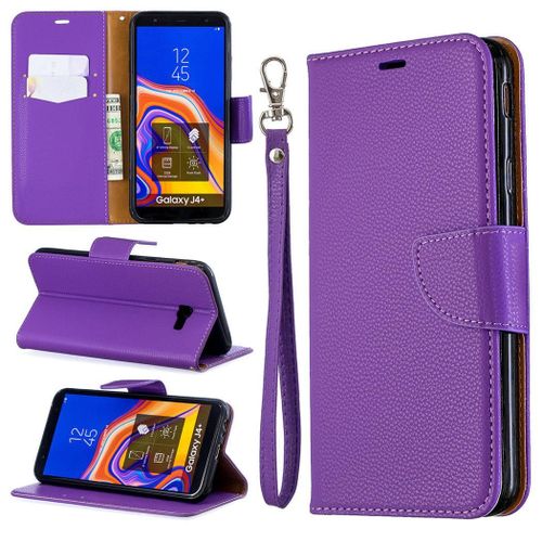 Samsung Galaxy J4 Plus Coque, Saturcase Litchi Pu Cuir Magnétique Flip Portefeuille Support Porte-Carte Protecteur Coque Housse Étui Avec Dragonne Pour Samsung Galaxy J4 Plus 2018 (Violet)