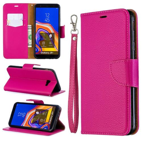 Samsung Galaxy J4 Plus Coque, Saturcase Litchi Pu Cuir Magnétique Flip Portefeuille Support Porte-Carte Protecteur Coque Housse Étui Avec Dragonne Pour Samsung Galaxy J4 Plus 2018 (Rose)