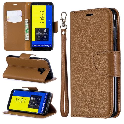 Samsung Galaxy J6 2018 Coque, Saturcase Litchi Pu Cuir Magnétique Flip Portefeuille Support Porte-Carte Protecteur Coque Housse Étui Avec Dragonne Pour Samsung Galaxy J6 2018 (Marron)