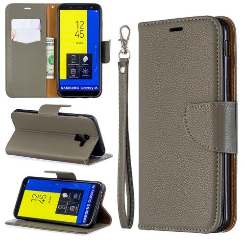 Samsung Galaxy J6 2018 Coque, Saturcase Litchi Pu Cuir Magnétique Flip Portefeuille Support Porte-Carte Protecteur Coque Housse Étui Avec Dragonne Pour Samsung Galaxy J6 2018 (Gris)