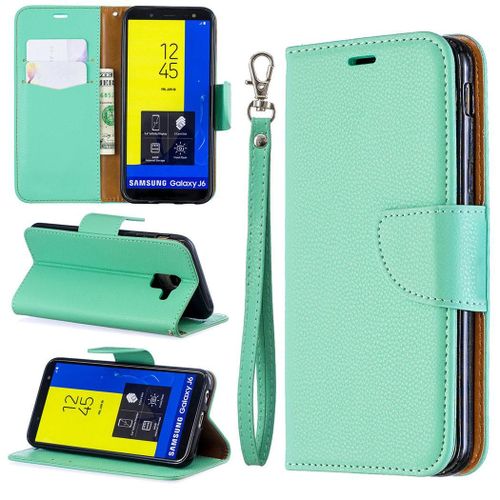 Samsung Galaxy J6 2018 Coque, Saturcase Litchi Pu Cuir Magnétique Flip Portefeuille Support Porte-Carte Protecteur Coque Housse Étui Avec Dragonne Pour Samsung Galaxy J6 2018 (Vert)