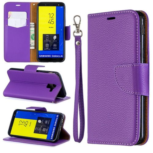 Samsung Galaxy J6 2018 Coque, Saturcase Litchi Pu Cuir Magnétique Flip Portefeuille Support Porte-Carte Protecteur Coque Housse Étui Avec Dragonne Pour Samsung Galaxy J6 2018 (Violet)