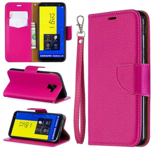 Samsung Galaxy J6 2018 Coque, Saturcase Litchi Pu Cuir Magnétique Flip Portefeuille Support Porte-Carte Protecteur Coque Housse Étui Avec Dragonne Pour Samsung Galaxy J6 2018 (Rose)