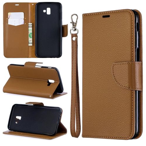 Samsung Galaxy J6 Plus Coque, Saturcase Litchi Pu Cuir Magnétique Flip Portefeuille Support Porte-Carte Protecteur Coque Housse Étui Avec Dragonne Pour Samsung Galaxy J6 Plus 2018 (Marron)