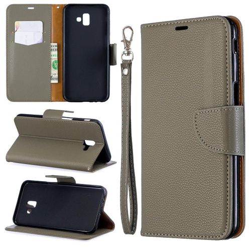 Samsung Galaxy J6 Plus Coque, Saturcase Litchi Pu Cuir Magnétique Flip Portefeuille Support Porte-Carte Protecteur Coque Housse Étui Avec Dragonne Pour Samsung Galaxy J6 Plus 2018 (Gris)