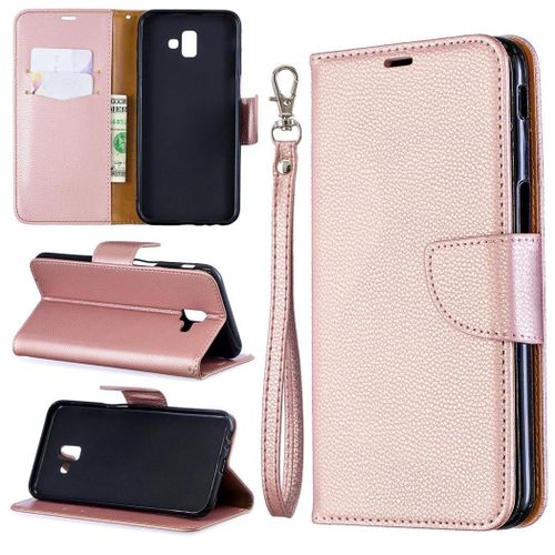 Samsung Galaxy J6 Plus Coque, Saturcase Litchi Pu Cuir Magnétique Flip Portefeuille Support Porte-Carte Protecteur Coque Housse Étui Avec Dragonne Pour Samsung Galaxy J6 Plus 2018 (Or)