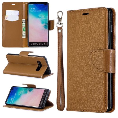 Samsung Galaxy S10 Plus Coque, Saturcase Litchi Pu Cuir Magnétique Flip Portefeuille Support Porte-Carte Protecteur Coque Housse Étui Avec Dragonne Pour Samsung Galaxy S10 Plus (Marron)