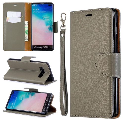 Samsung Galaxy S10 Plus Coque, Saturcase Litchi Pu Cuir Magnétique Flip Portefeuille Support Porte-Carte Protecteur Coque Housse Étui Avec Dragonne Pour Samsung Galaxy S10 Plus (Gris)