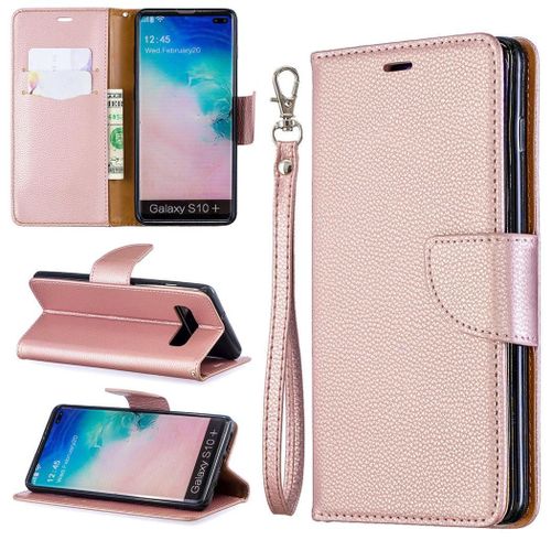 Samsung Galaxy S10 Plus Coque, Saturcase Litchi Pu Cuir Magnétique Flip Portefeuille Support Porte-Carte Protecteur Coque Housse Étui Avec Dragonne Pour Samsung Galaxy S10 Plus (Or)