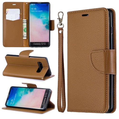 Samsung Galaxy S10 Coque, Saturcase Litchi Pu Cuir Magnétique Flip Portefeuille Support Porte-Carte Protecteur Coque Housse Étui Avec Dragonne Pour Samsung Galaxy S10 (Marron)