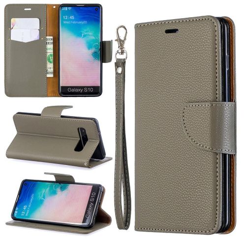 Samsung Galaxy S10 Coque, Saturcase Litchi Pu Cuir Magnétique Flip Portefeuille Support Porte-Carte Protecteur Coque Housse Étui Avec Dragonne Pour Samsung Galaxy S10 (Gris)