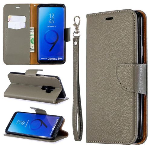 Samsung Galaxy S9 Plus Coque, Saturcase Litchi Pu Cuir Magnétique Flip Portefeuille Support Porte-Carte Protecteur Coque Housse Étui Avec Dragonne Pour Samsung Galaxy S9 Plus (Gris)