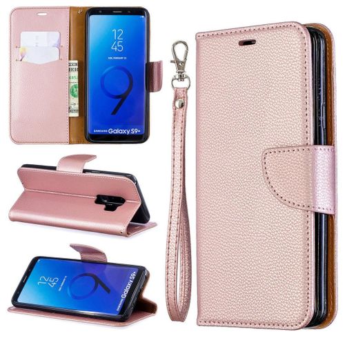Samsung Galaxy S9 Plus Coque, Saturcase Litchi Pu Cuir Magnétique Flip Portefeuille Support Porte-Carte Protecteur Coque Housse Étui Avec Dragonne Pour Samsung Galaxy S9 Plus (Or)