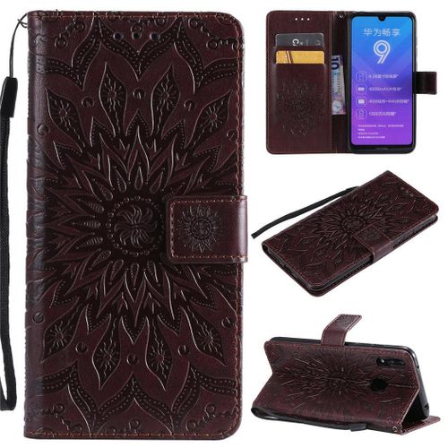 Huawei Y7 2019 Coque, Saturcase Fleur Du Soleil Pu Cuir Magnétique Flip Portefeuille Support Porte-Carte Protecteur Coque Housse Étui Avec Dragonne Pour Huawei Y7 2019 / Y7 Prime 2019 (Marron)