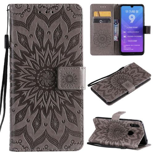 Huawei Y7 2019 Coque, Saturcase Fleur Du Soleil Gaufrage Pu Cuir Magnétique Flip Portefeuille Support Porte-Carte Protecteur Coque Housse Étui Avec Dragonne Pour Huawei Y7 2019 / Y7 Prime 2019 (Gris)