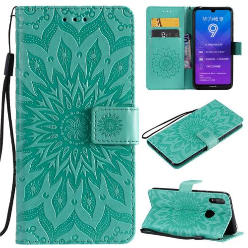 Huawei Y7 2019 Coque, Saturcase Fleur Du Soleil Gaufrage Pu Cuir Magnétique Flip Portefeuille Support Porte-Carte Protecteur Coque Housse Étui Avec Dragonne Pour Huawei Y7 2019 / Y7 Prime 2019 (Vert)