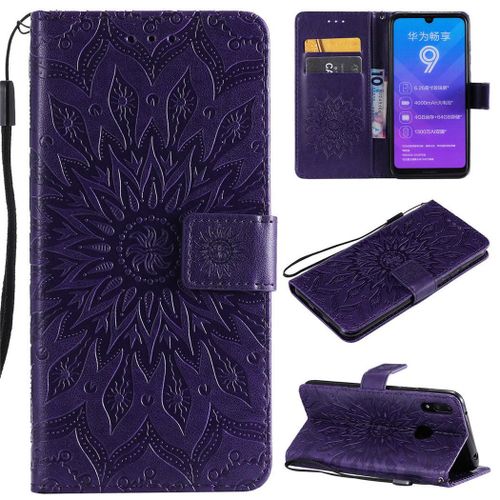 Huawei Y7 2019 Coque, Saturcase Fleur Du Soleil Pu Cuir Magnétique Flip Portefeuille Support Porte-Carte Protecteur Coque Housse Étui Avec Dragonne Pour Huawei Y7 2019 / Y7 Prime 2019 (Violet)