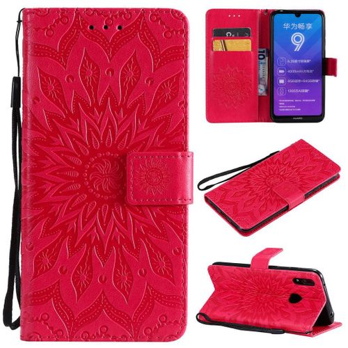 Huawei Y7 2019 Coque, Saturcase Fleur Du Soleil Gaufrage Pu Cuir Magnétique Flip Portefeuille Support Porte-Carte Protecteur Coque Housse Étui Avec Dragonne Pour Huawei Y7 2019 / Y7 Prime 2019 (Rouge)