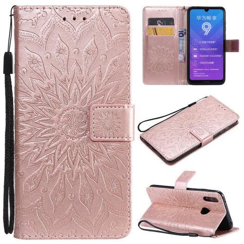 Huawei Y7 2019 Coque, Saturcase Fleur Du Soleil Pu Cuir Magnétique Flip Portefeuille Support Porte-Carte Protecteur Coque Housse Étui Avec Dragonne Pour Huawei Y7 2019 / Y7 Prime 2019 (Or Rose)