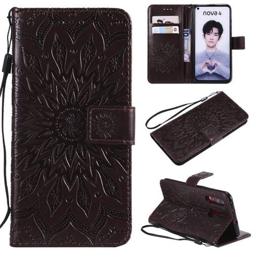 Huawei Nova 4 Coque, Saturcase Fleur Du Soleil Gaufrage Pu Cuir Magnétique Flip Portefeuille Support Porte-Carte Protecteur Coque Housse Étui Avec Dragonne Pour Huawei Nova 4 (Marron)