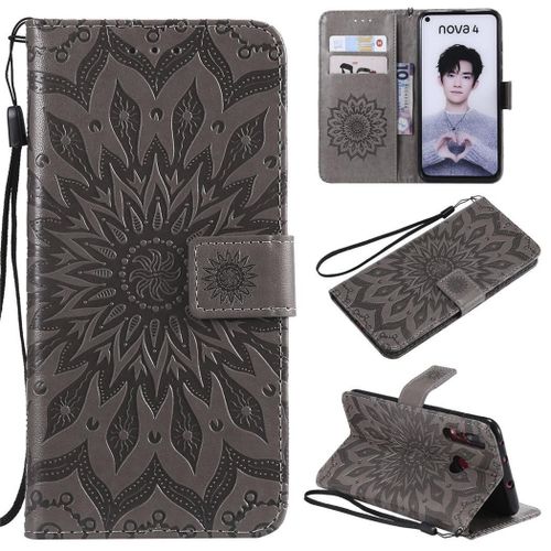 Huawei Nova 4 Coque, Saturcase Fleur Du Soleil Gaufrage Pu Cuir Magnétique Flip Portefeuille Support Porte-Carte Protecteur Coque Housse Étui Avec Dragonne Pour Huawei Nova 4 (Gris)