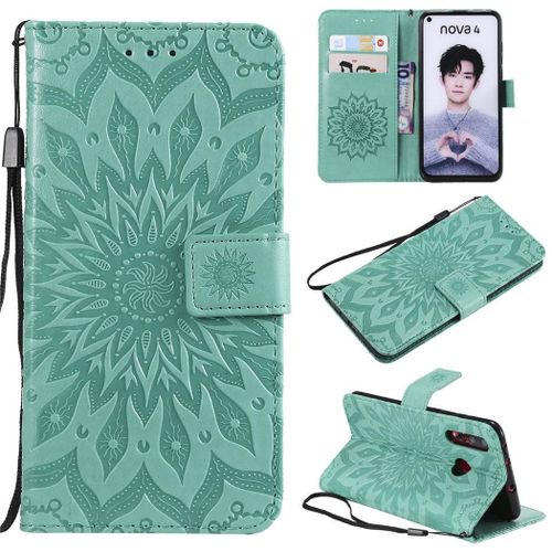 Huawei Nova 4 Coque, Saturcase Fleur Du Soleil Gaufrage Pu Cuir Magnétique Flip Portefeuille Support Porte-Carte Protecteur Coque Housse Étui Avec Dragonne Pour Huawei Nova 4 (Vert)