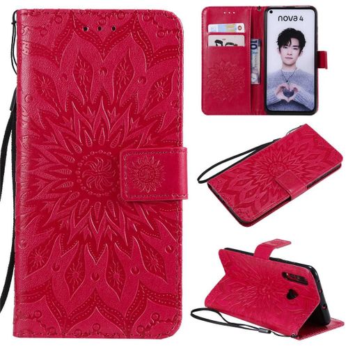 Huawei Nova 4 Coque, Saturcase Fleur Du Soleil Gaufrage Pu Cuir Magnétique Flip Portefeuille Support Porte-Carte Protecteur Coque Housse Étui Avec Dragonne Pour Huawei Nova 4 (Rouge)