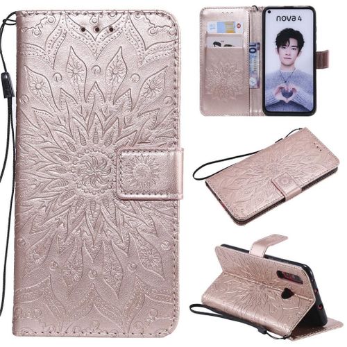 Huawei Nova 4 Coque, Saturcase Fleur Du Soleil Gaufrage Pu Cuir Magnétique Flip Portefeuille Support Porte-Carte Protecteur Coque Housse Étui Avec Dragonne Pour Huawei Nova 4 (Or Rose)