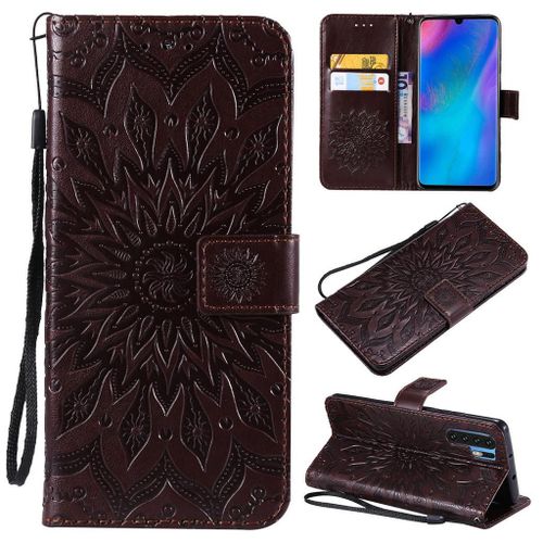 Saturcase Coque Pour Huawei P30 Pro, Fleur Du Soleil Gaufrage Pu Cuir Magnétique Flip Portefeuille Support Porte-Carte Protecteur Coque Housse Étui Avec Dragonne Pour Huawei P30 Pro (Marron)