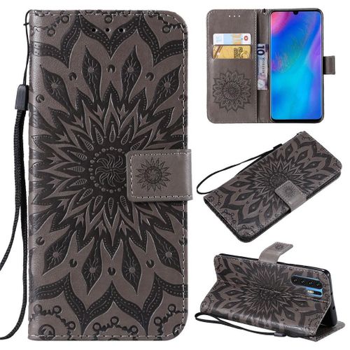 Saturcase Coque Pour Huawei P30 Pro, Fleur Du Soleil Gaufrage Pu Cuir Magnétique Flip Portefeuille Support Porte-Carte Protecteur Coque Housse Étui Avec Dragonne Pour Huawei P30 Pro (Gris)