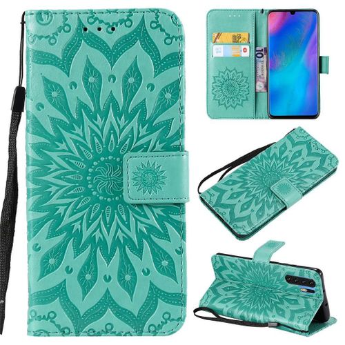 Saturcase Coque Pour Huawei P30 Pro, Fleur Du Soleil Gaufrage Pu Cuir Magnétique Flip Portefeuille Support Porte-Carte Protecteur Coque Housse Étui Avec Dragonne Pour Huawei P30 Pro (Vert)