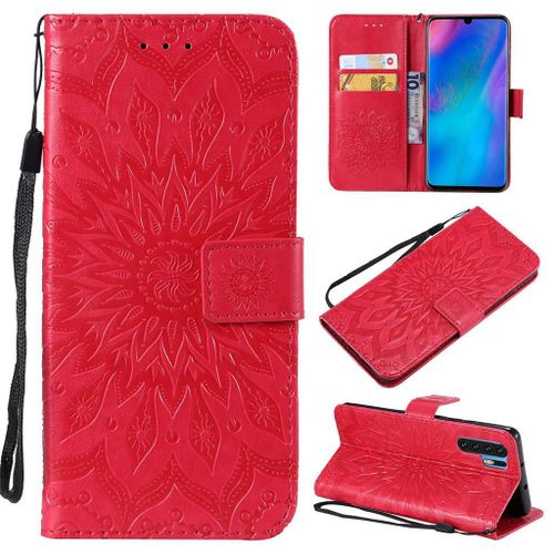 Saturcase Coque Pour Huawei P30 Pro, Fleur Du Soleil Gaufrage Pu Cuir Magnétique Flip Portefeuille Support Porte-Carte Protecteur Coque Housse Étui Avec Dragonne Pour Huawei P30 Pro (Rouge)
