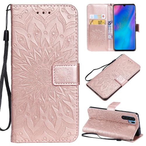 Saturcase Coque Pour Huawei P30 Pro, Fleur Du Soleil Gaufrage Pu Cuir Magnétique Flip Portefeuille Support Porte-Carte Protecteur Coque Housse Étui Avec Dragonne Pour Huawei P30 Pro (Or Rose)