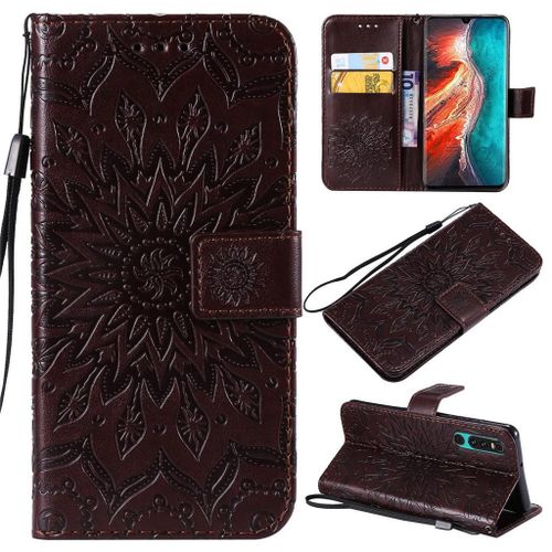 Saturcase Coque Pour Huawei P30, Fleur Du Soleil Gaufrage Pu Cuir Magnétique Flip Portefeuille Support Porte-Carte Protecteur Coque Housse Étui Avec Dragonne Pour Huawei P30 (Marron)