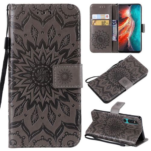 Saturcase Coque Pour Huawei P30, Fleur Du Soleil Gaufrage Pu Cuir Magnétique Flip Portefeuille Support Porte-Carte Protecteur Coque Housse Étui Avec Dragonne Pour Huawei P30 (Gris)