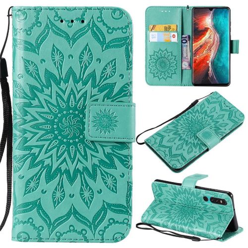 Saturcase Coque Pour Huawei P30, Fleur Du Soleil Gaufrage Pu Cuir Magnétique Flip Portefeuille Support Porte-Carte Protecteur Coque Housse Étui Avec Dragonne Pour Huawei P30 (Vert)