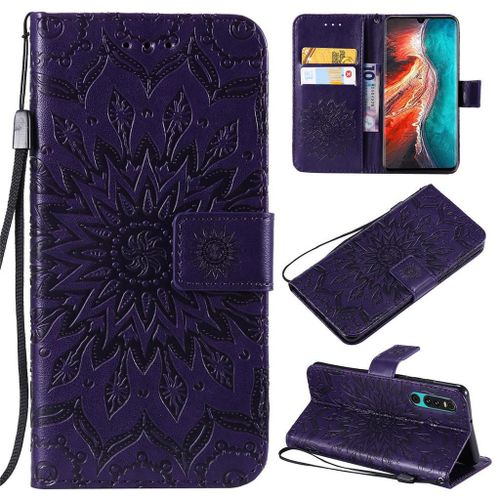 Saturcase Coque Pour Huawei P30, Fleur Du Soleil Gaufrage Pu Cuir Magnétique Flip Portefeuille Support Porte-Carte Protecteur Coque Housse Étui Avec Dragonne Pour Huawei P30 (Violet)