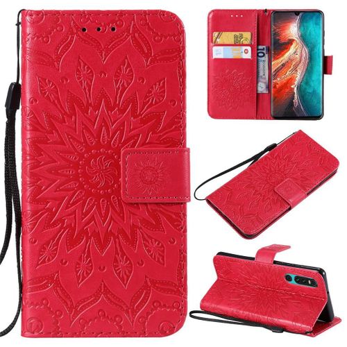Saturcase Coque Pour Huawei P30, Fleur Du Soleil Gaufrage Pu Cuir Magnétique Flip Portefeuille Support Porte-Carte Protecteur Coque Housse Étui Avec Dragonne Pour Huawei P30 (Rouge)