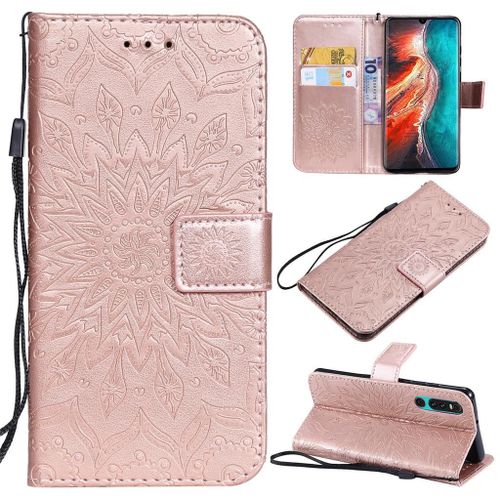 Saturcase Coque Pour Huawei P30, Fleur Du Soleil Gaufrage Pu Cuir Magnétique Flip Portefeuille Support Porte-Carte Protecteur Coque Housse Étui Avec Dragonne Pour Huawei P30 (Or Rose)