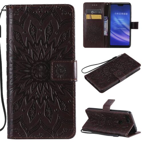 Xiaomi Mi 8 Lite Coque, Saturcase Fleur Du Soleil Gaufrage Pu Cuir Magnétique Flip Portefeuille Support Porte-Carte Protecteur Coque Housse Étui Avec Dragonne Pour Xiaomi Mi 8 Lite (Marron)