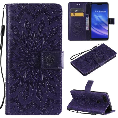 Xiaomi Mi 8 Lite Coque, Saturcase Fleur Du Soleil Gaufrage Pu Cuir Magnétique Flip Portefeuille Support Porte-Carte Protecteur Coque Housse Étui Avec Dragonne Pour Xiaomi Mi 8 Lite (Violet)