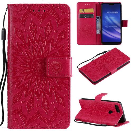 Xiaomi Mi 8 Lite Coque, Saturcase Fleur Du Soleil Gaufrage Pu Cuir Magnétique Flip Portefeuille Support Porte-Carte Protecteur Coque Housse Étui Avec Dragonne Pour Xiaomi Mi 8 Lite (Rouge)