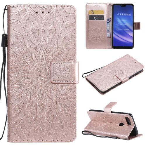 Xiaomi Mi 8 Lite Coque, Saturcase Fleur Du Soleil Gaufrage Pu Cuir Magnétique Flip Portefeuille Support Porte-Carte Protecteur Coque Housse Étui Avec Dragonne Pour Xiaomi Mi 8 Lite (Or Rose)