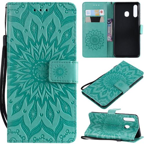Samsung Galaxy A20 / A30 Coque, Saturcase Fleur Du Soleil Pu Cuir Magnétique Flip Portefeuille Support Porte-Carte Protecteur Coque Housse Étui Avec Dragonne Pour Samsung Galaxy A20 / A30 (Vert)